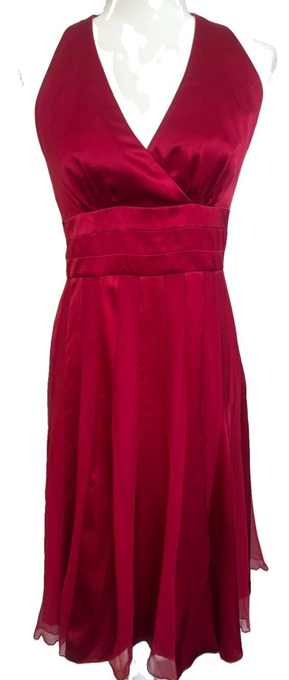 Calvin Klein Red Satin Pleated Halter V-Neck Sleeveless Midi Dress Size